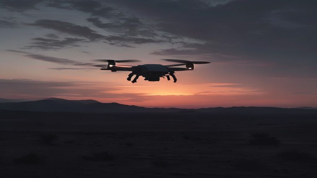 An autonomous drone over a radar sweep, illustrating defense technology