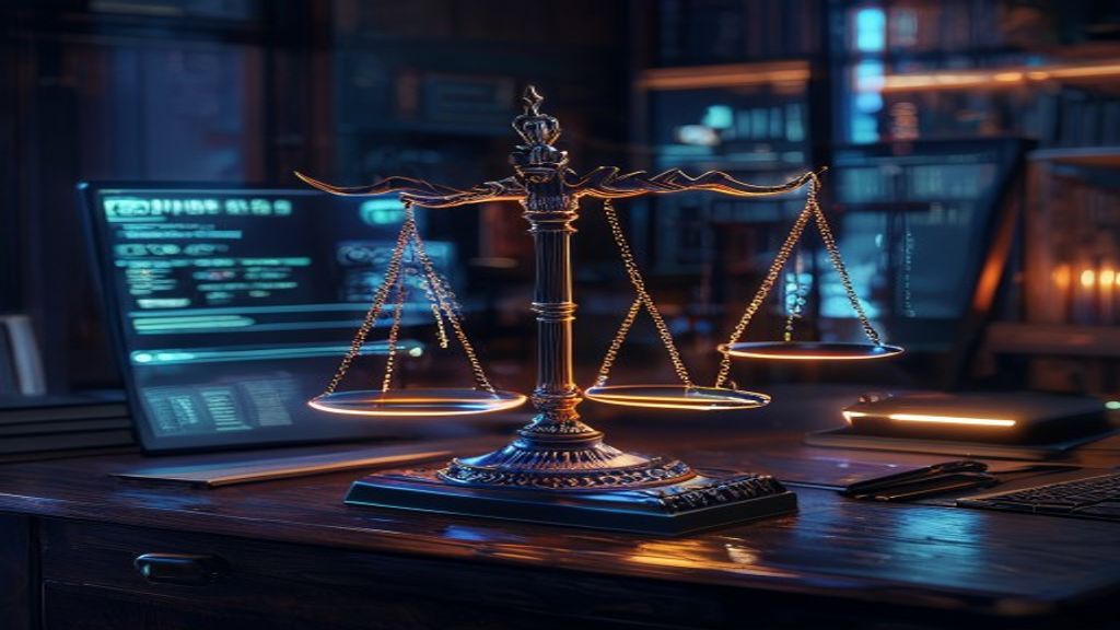 Scales of justice beside glowing screens, representing press, courts and reputation