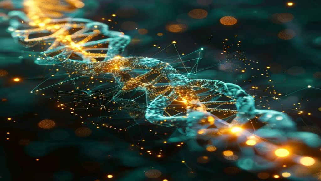 An abstract convergence of DNA, AI circuitry and energy, representing frontier technology