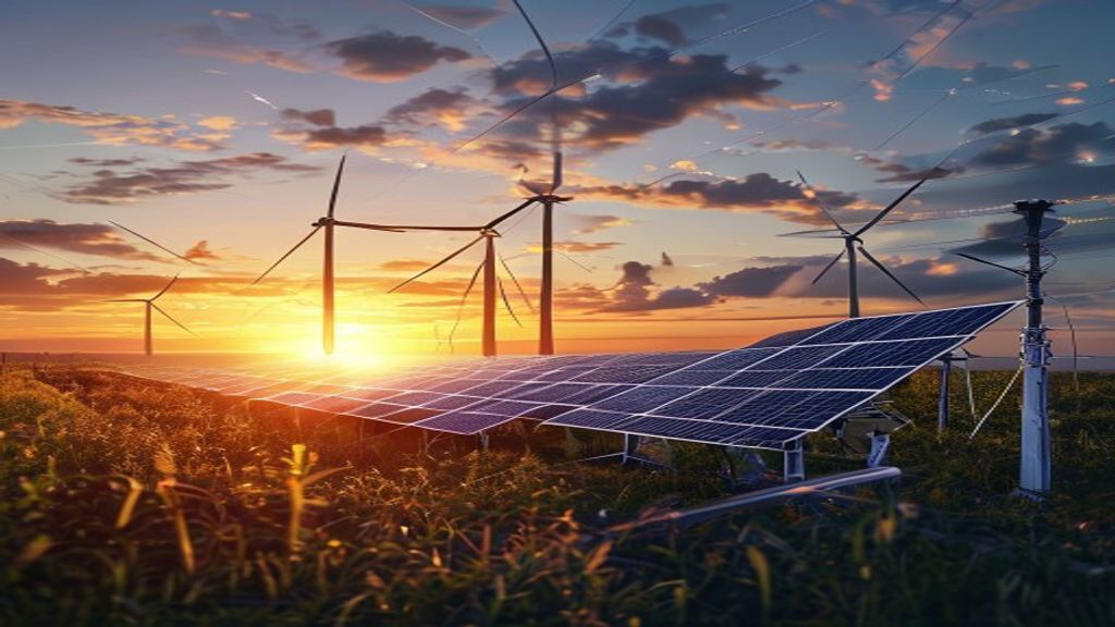 Solar panels and wind turbines beside a power grid at sunset