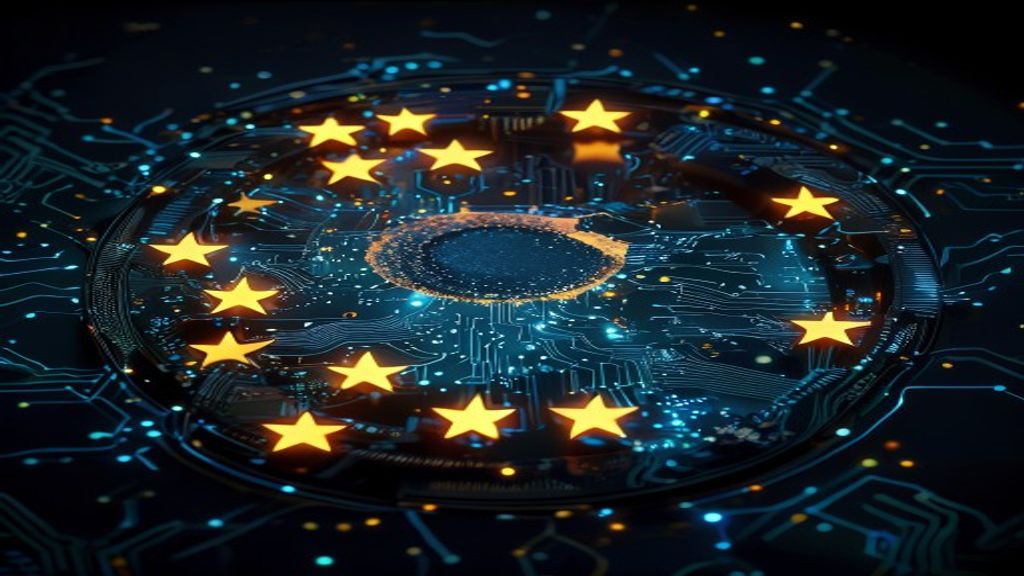 The circle of EU stars above scales of justice, illustrating AI regulation