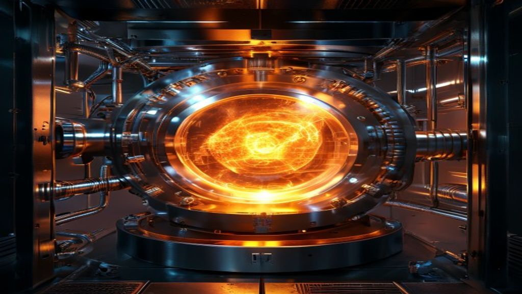 A glowing fusion reactor core ringed by orbits, illustrating fusion energy