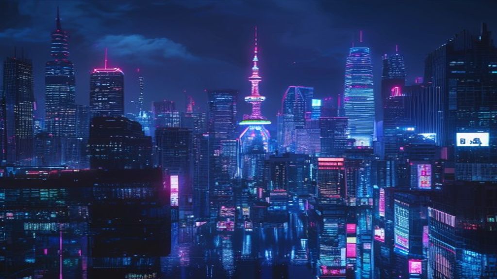 The Tokyo skyline at night lit with neon and digital displays