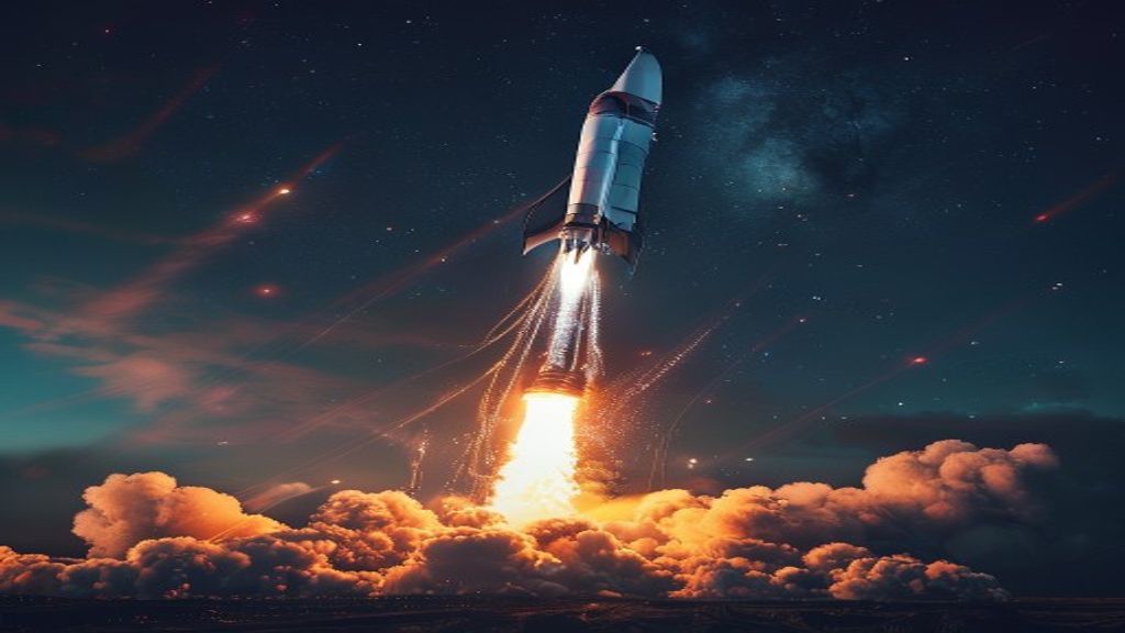 A rocket rising past an orbiting ring of AI data nodes above a planet's curve