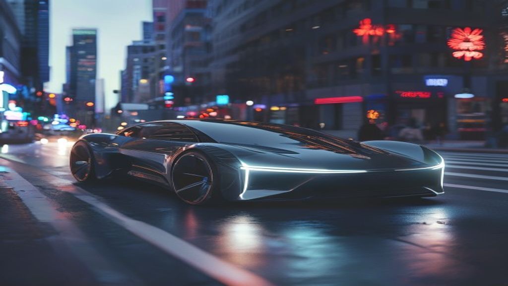 A self-driving car on a road emitting sensor arcs at dusk