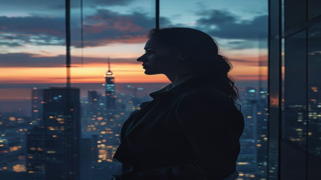 A founder looking out over a city skyline from a modern glass office at dusk
