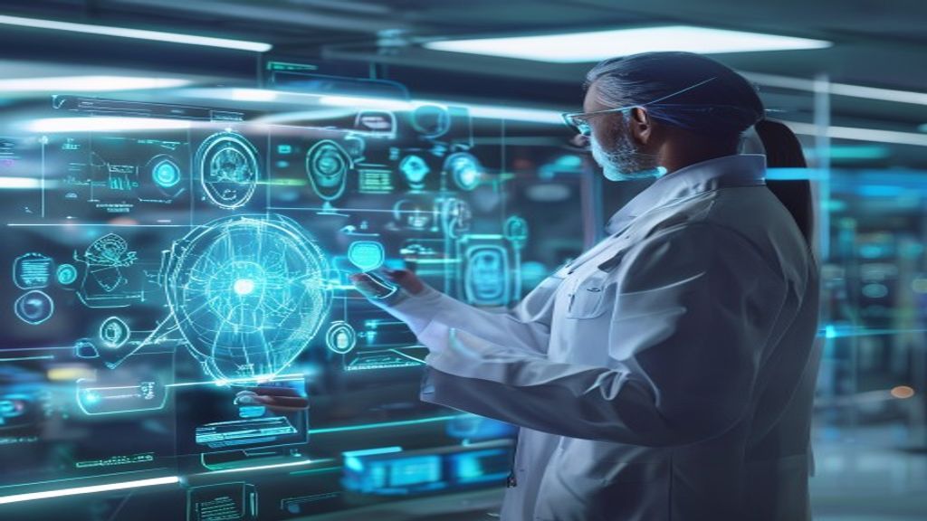 A clinician reviewing an AI-assisted medical imaging interface in a modern hospital